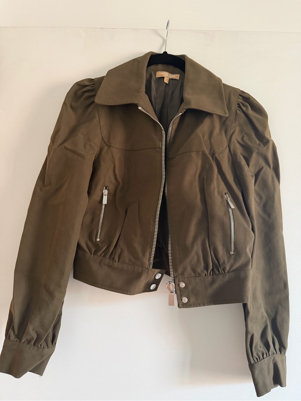 Michael Kors Collection Olive Green Puff-Shoulder Bomber Jacket